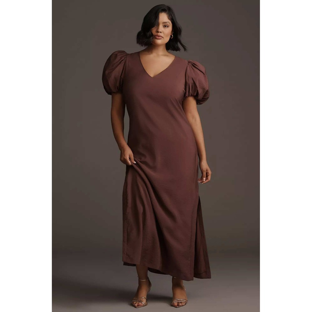 Loverly Grey Anthropologie Puff Sleeve Maxi Dress 3X‎ Brown V Neck A Line NWT